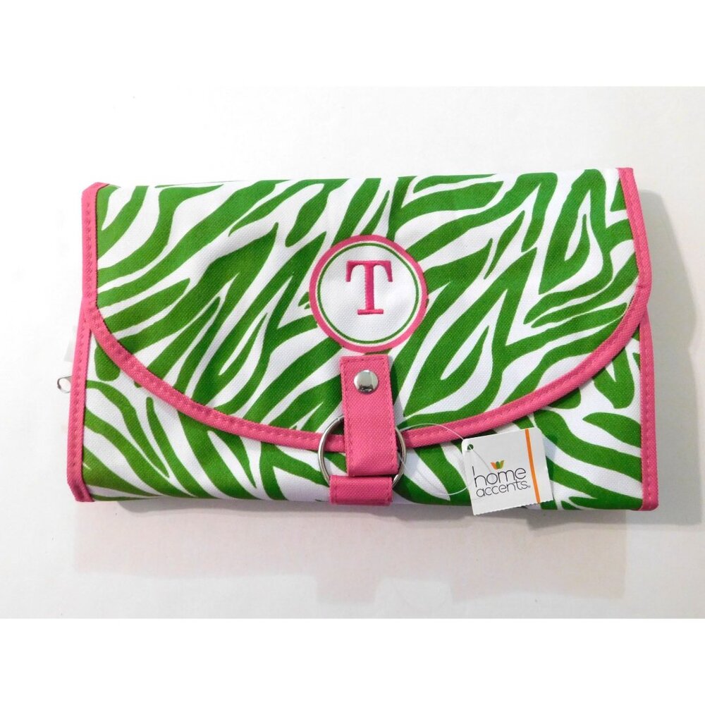 Zebra Print Tote Travel Cosmetic Case Wristlet Set Monogram T Green Pink Canvas - Picture 4 of 11